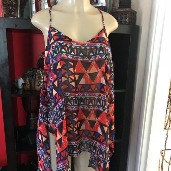 Flowing Colorful Sheer Tribal Print Top Size L - Picture 1 of 5